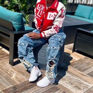 Red and White Varsity Jacket with Distressed Jeans